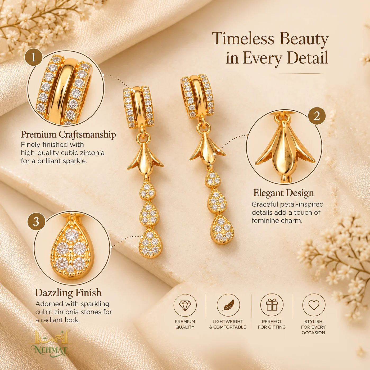 NEHMAT Crystal Hoop Long Drop Earrings for Women – Gold Finish