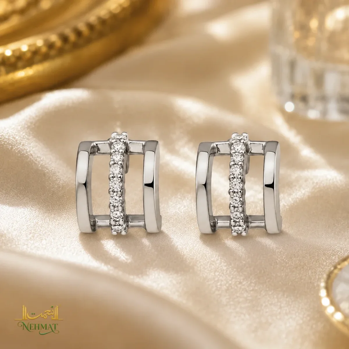 NEHMAT Square Crystal Stud Earrings Silver Tone