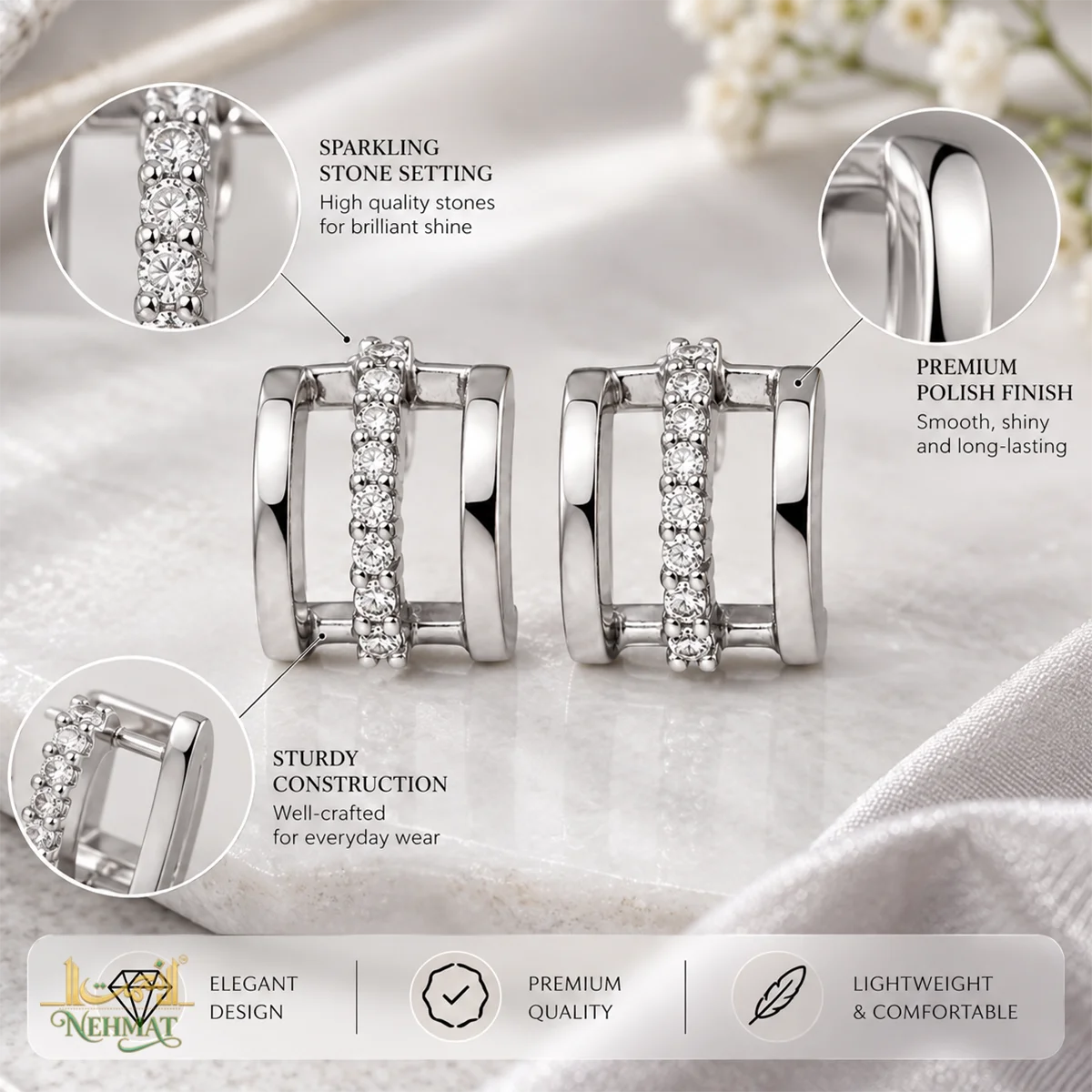 NEHMAT Square Crystal Stud Earrings Silver Tone