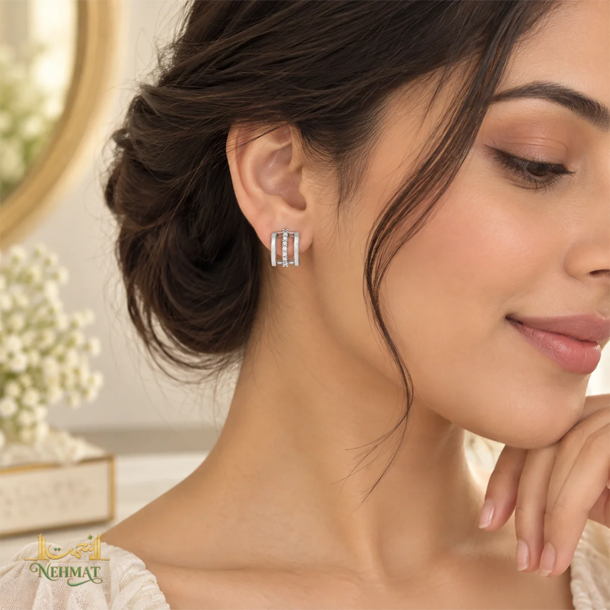 NEHMAT Square Crystal Stud Earrings Silver Tone