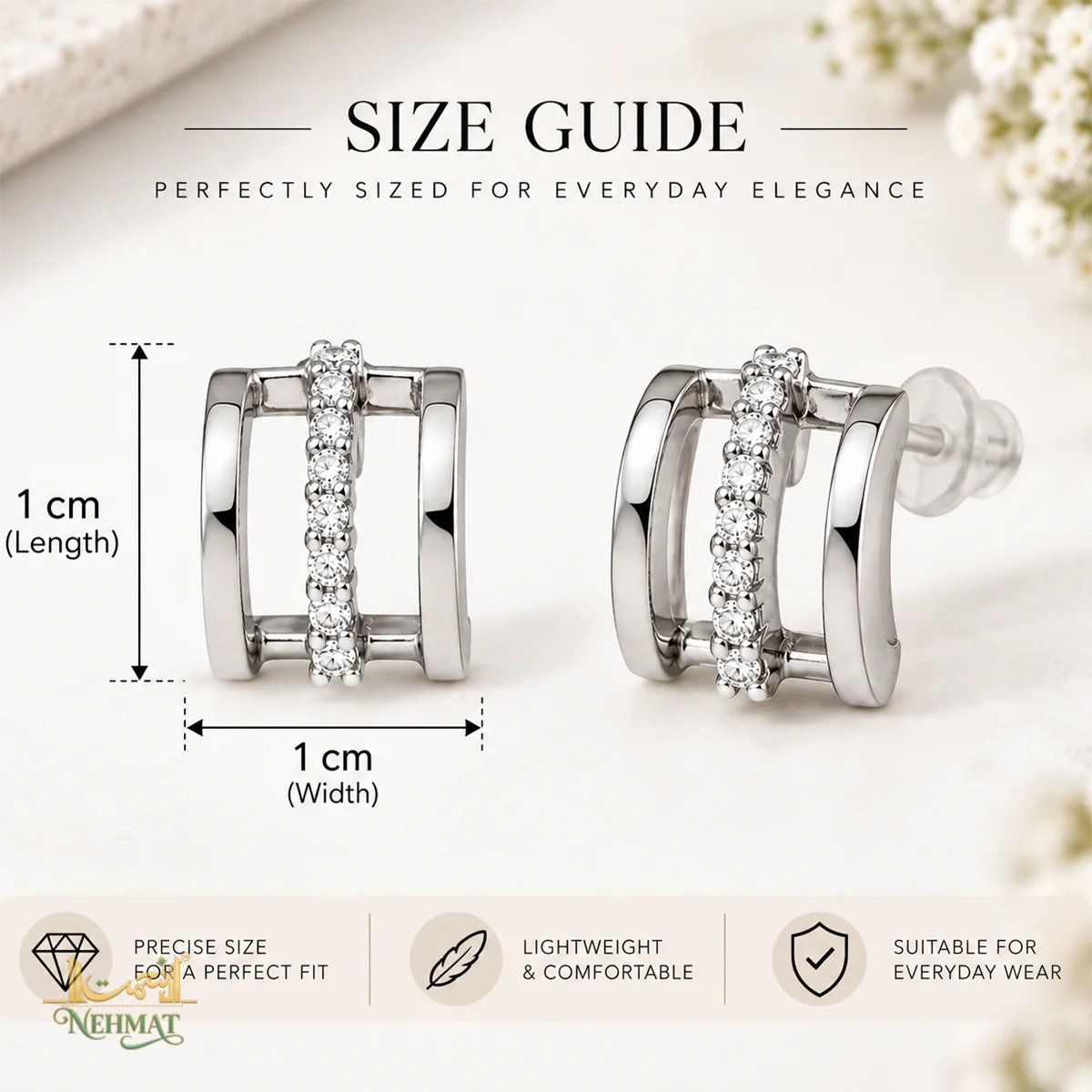 NEHMAT Square Crystal Stud Earrings Silver Tone