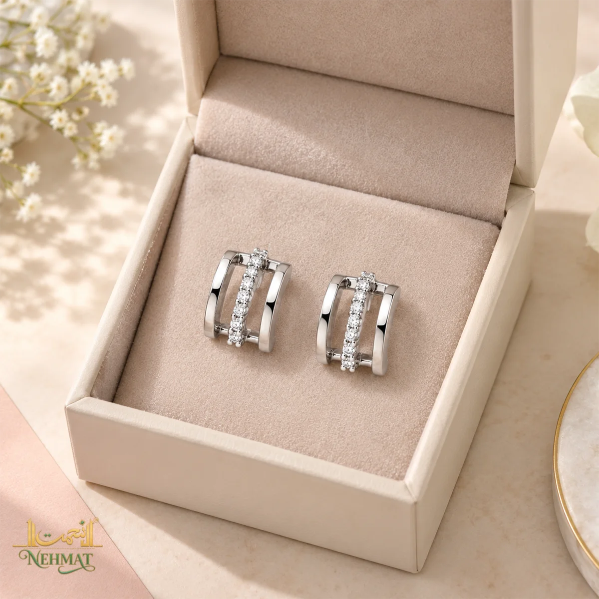 NEHMAT Square Crystal Stud Earrings Silver Tone