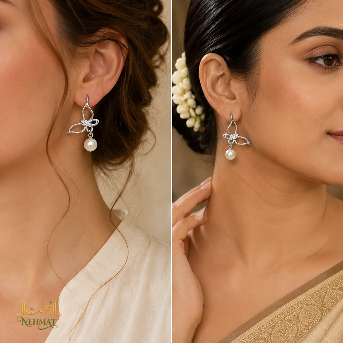 NEHMAT Floral Pearl Drop Earrings Silver Tone