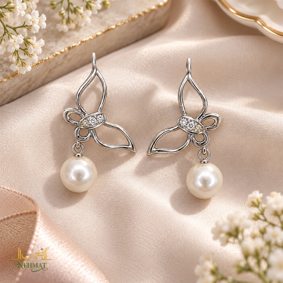 NEHMAT Floral Pearl Drop Earrings Silver Tone