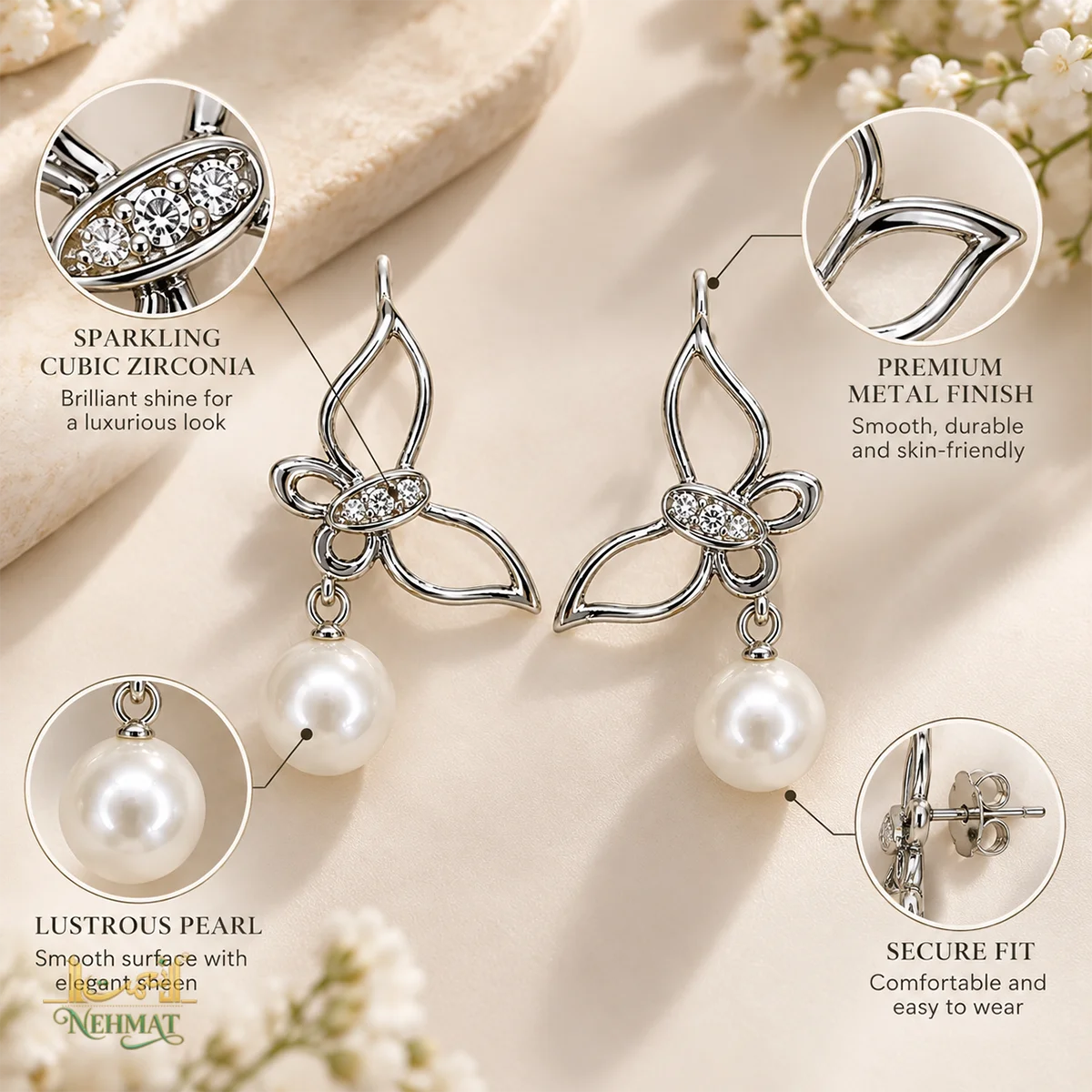 NEHMAT Floral Pearl Drop Earrings Silver Tone