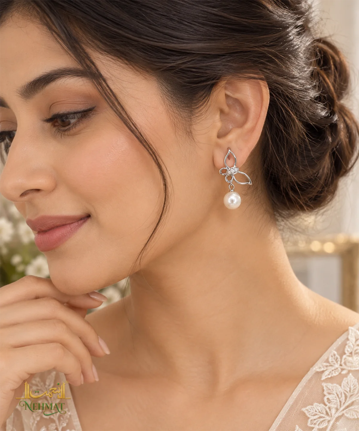 NEHMAT Floral Pearl Drop Earrings Silver Tone