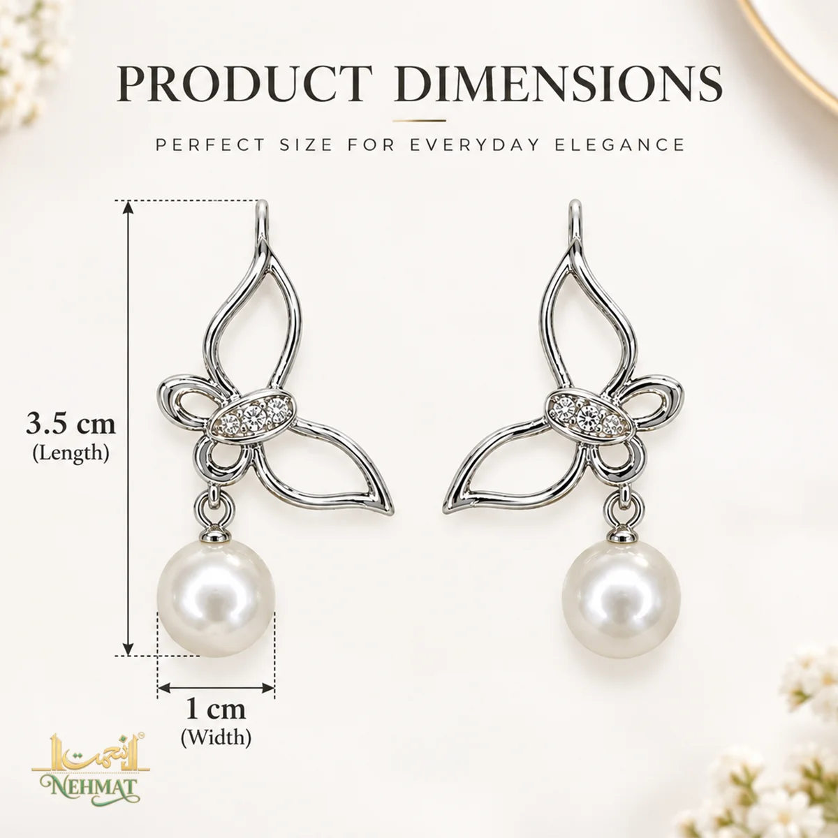 NEHMAT Floral Pearl Drop Earrings Silver Tone