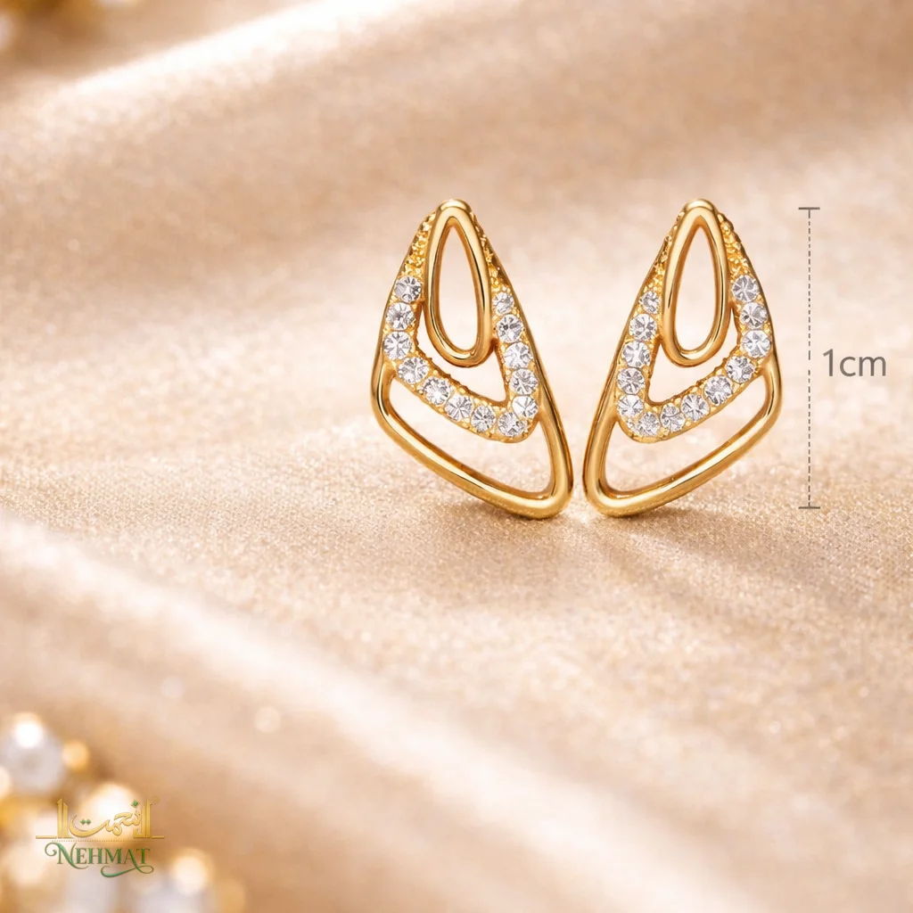 NEHMAT Triangular Crystal Stud Earrings for Women – Gold Finish
