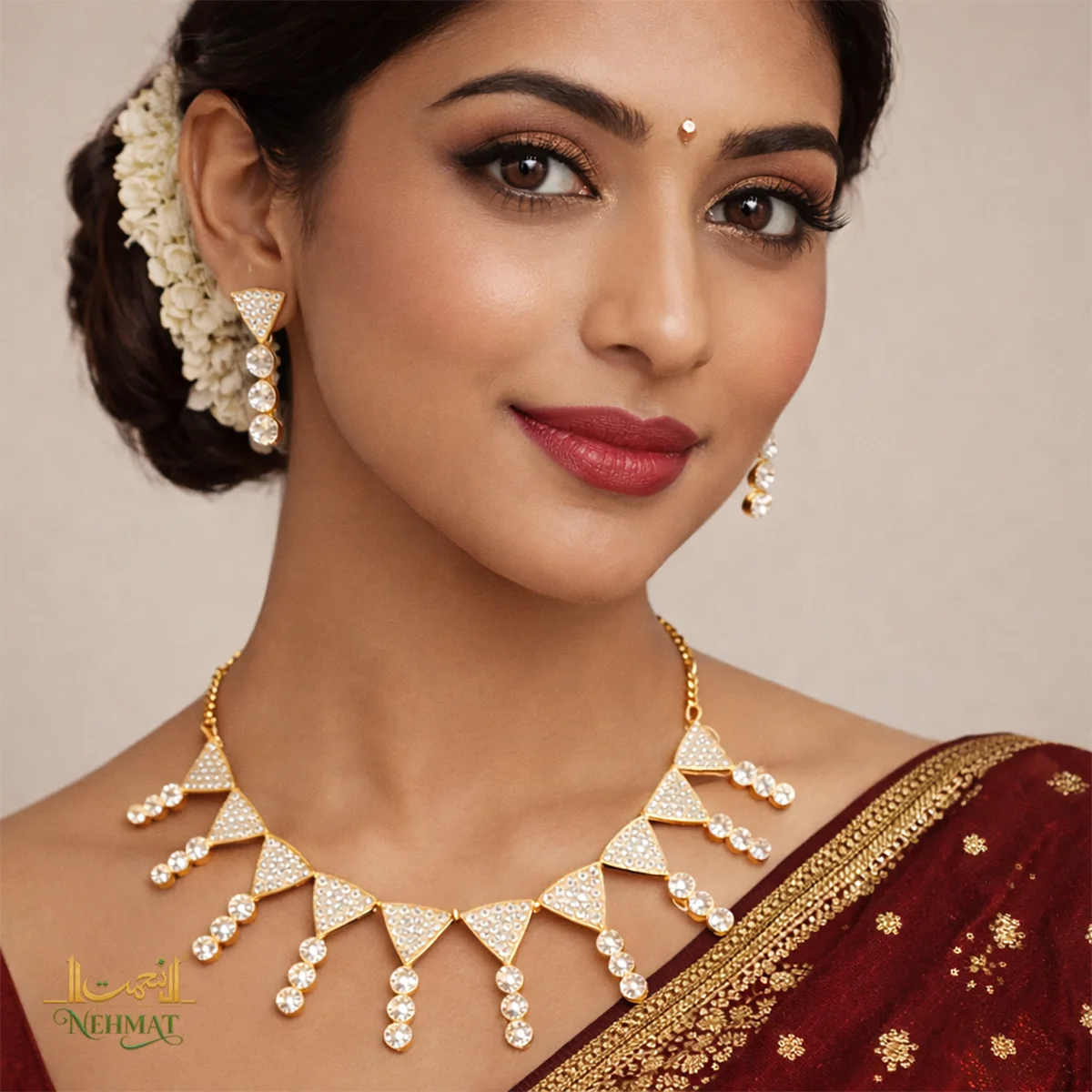 NEHMAT Gold Tone Triangle Stone Necklace & Earrings Set