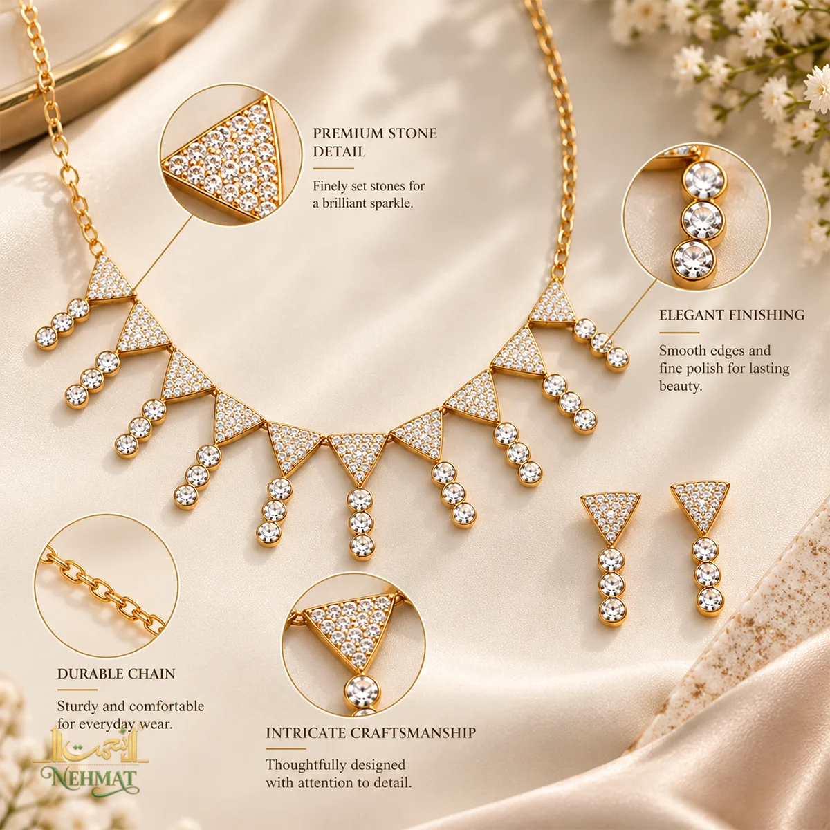 NEHMAT Gold Tone Triangle Stone Necklace & Earrings Set