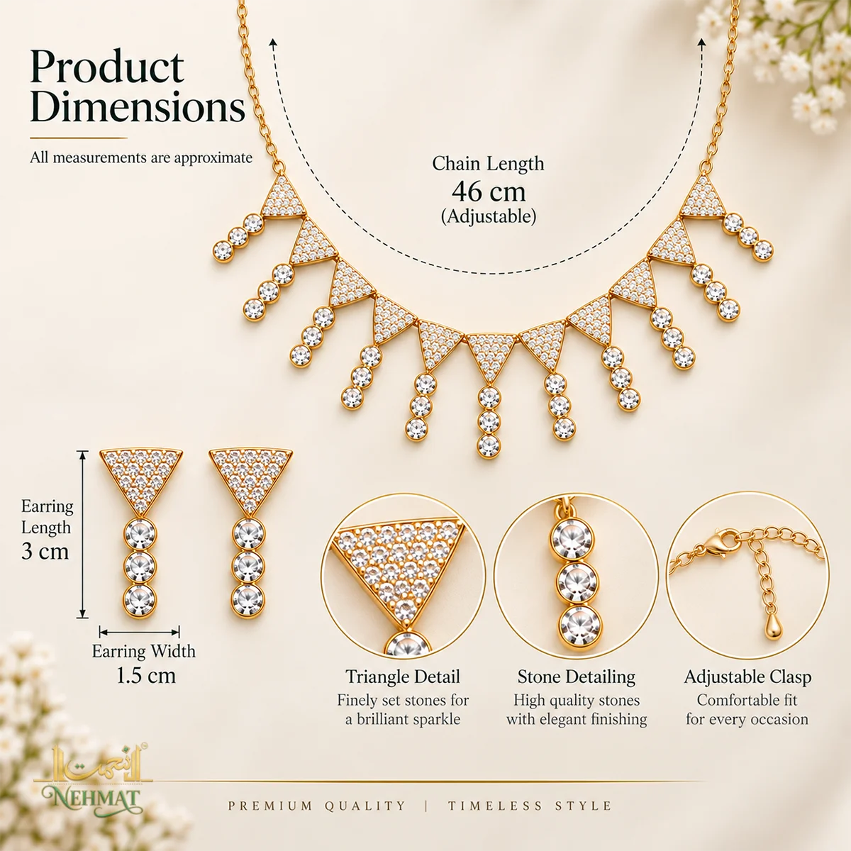 NEHMAT Gold Tone Triangle Stone Necklace & Earrings Set