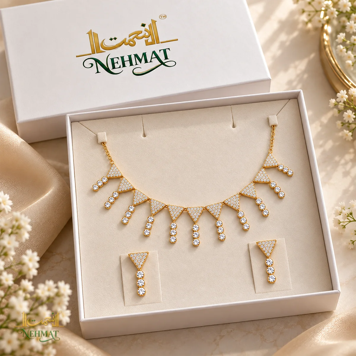 NEHMAT Gold Tone Triangle Stone Necklace & Earrings Set